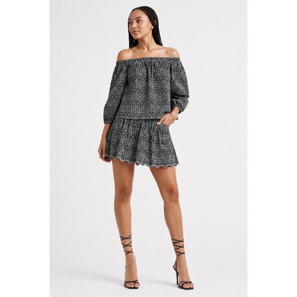 Express Embroidered Eyelet Set Black Ivory Off Shoulder Top & Mini Skirt Small/6